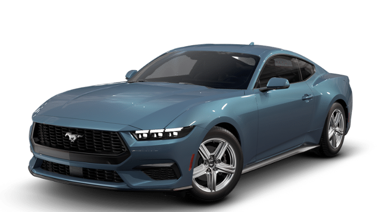 2026 Ford Mustang EcoBoost Premium in Vapor Blue Metallic — front three-quarter view