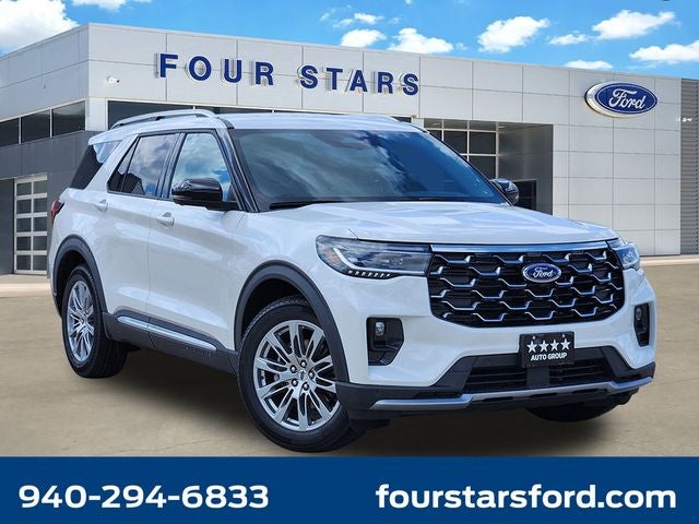 2026 Ford Explorer Platinum in Star White Metallic Tri-Coat — front three-quarter view